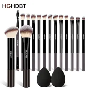 HGHDBT Black 17pcs Professional Makeup Brush Set with 15Pcs Brush Nylon Bristles and 2Pcs Cosmetic Sponges, Suitable for Skin Types, Blush, Eyeshadow Brushes, Blending Tools for Daily Use, Holiday Gift for, Beauty Tools for Skin
