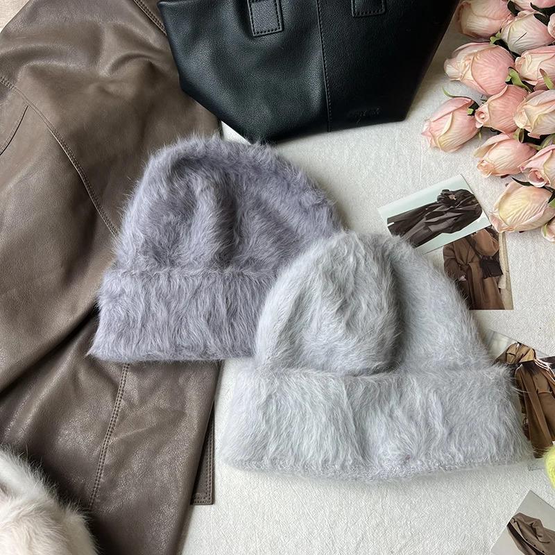 Winter Warm Unisex Y2k Beanies Leisure Outdoors Soft Fluffy Angola Winter Knitted Hat Female Plush Windproof Bonnet Skullies Cap