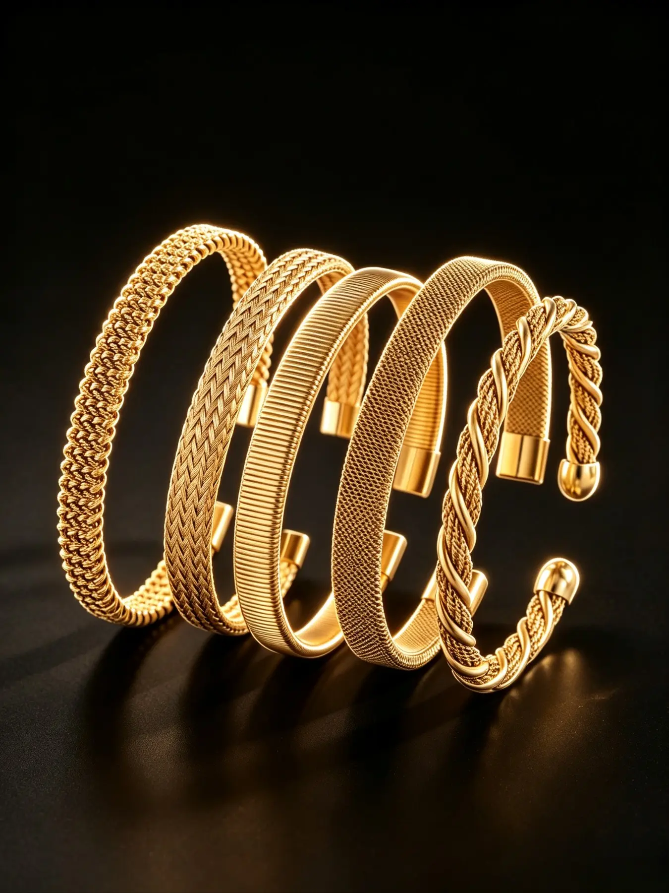 5Pcs Unisex Textured Open Cuff Bangle Set, Multi Weave Mesh Twisted Stackable Bracelets, Gold & Silver Two Tone Stainless Steel Minimalist Daily Jewelry Gift For Men Women