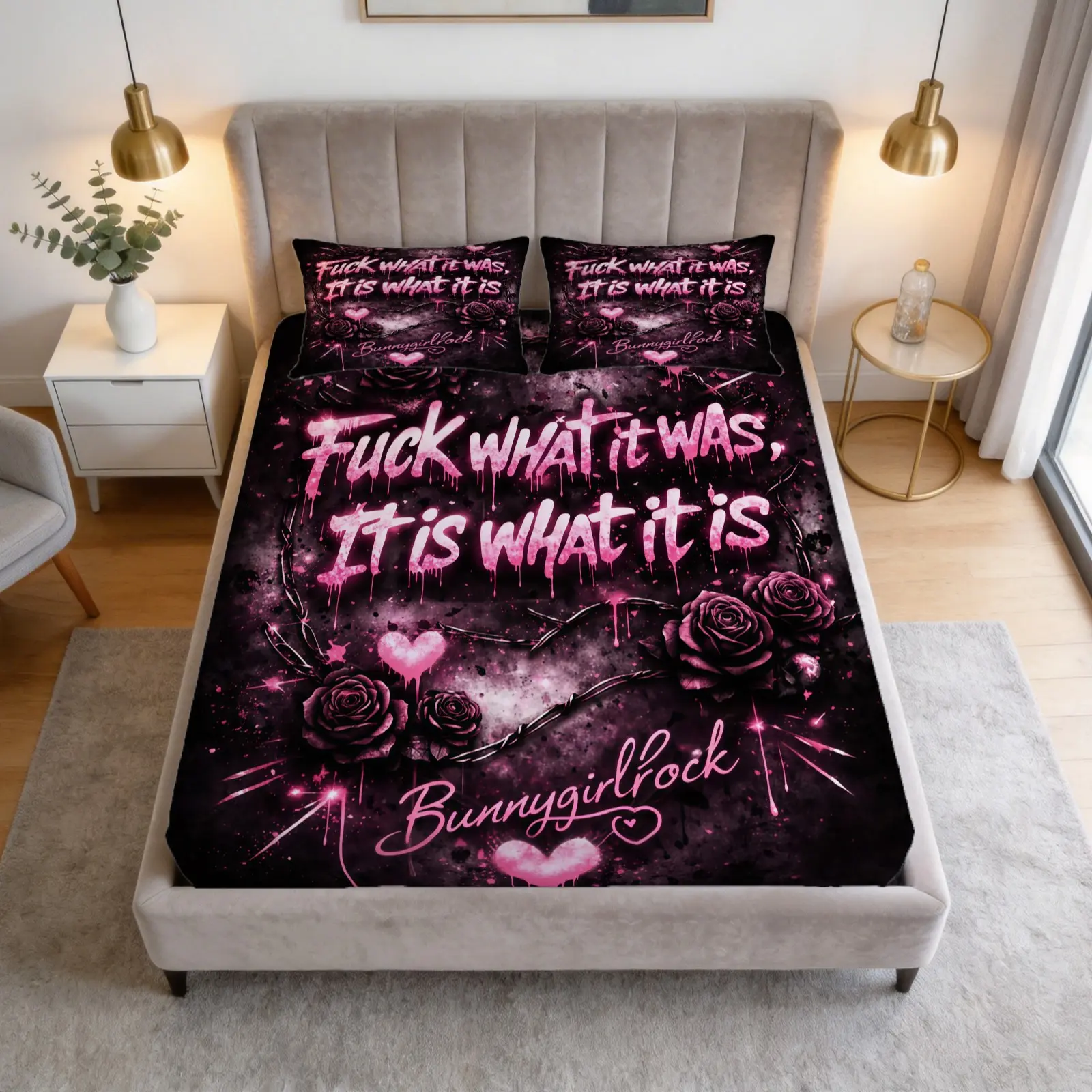 3-Piece Gothic Heart-Shaped Patterned Bed Sheet Set, Soft And Comfortable Bedding Set, Including 1 Bed Sheet And 2 Pillowcases (Excluding Pillow Core), Suitable For Teenagers And Adults, Bedroom, Apartment, Guest Room, Dormitory Scenes