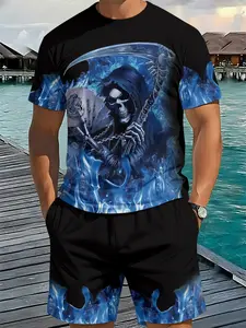 Men's 2-Piece Blue Flame Death God Print Round Neck Short Sleeve Set, Loose Fit, Comfortable, Trendy Summer Essential