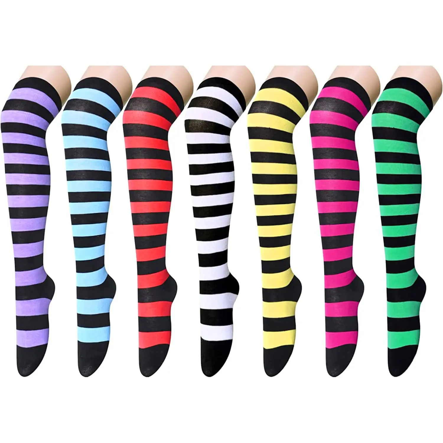 Zmart Seven Pairs Striped Thigh Knee High Socks for Women Teen Girls, School Long Over the Knee Socks, Gift for anime fans and cosplayers
