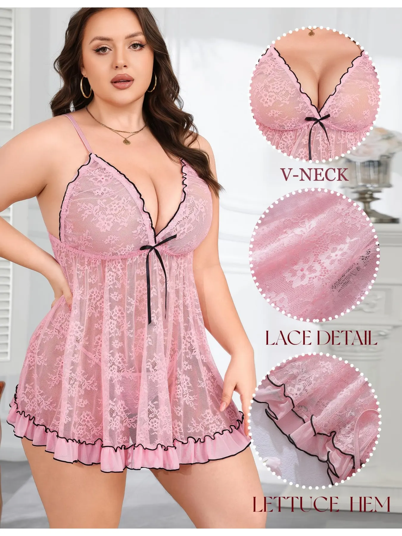 Ladies' Plus Size Sexy Elegant Sheer Lace Halter Nightgown, Chiffon Netting Sleepwear Dress with Adjustable Bow Straps