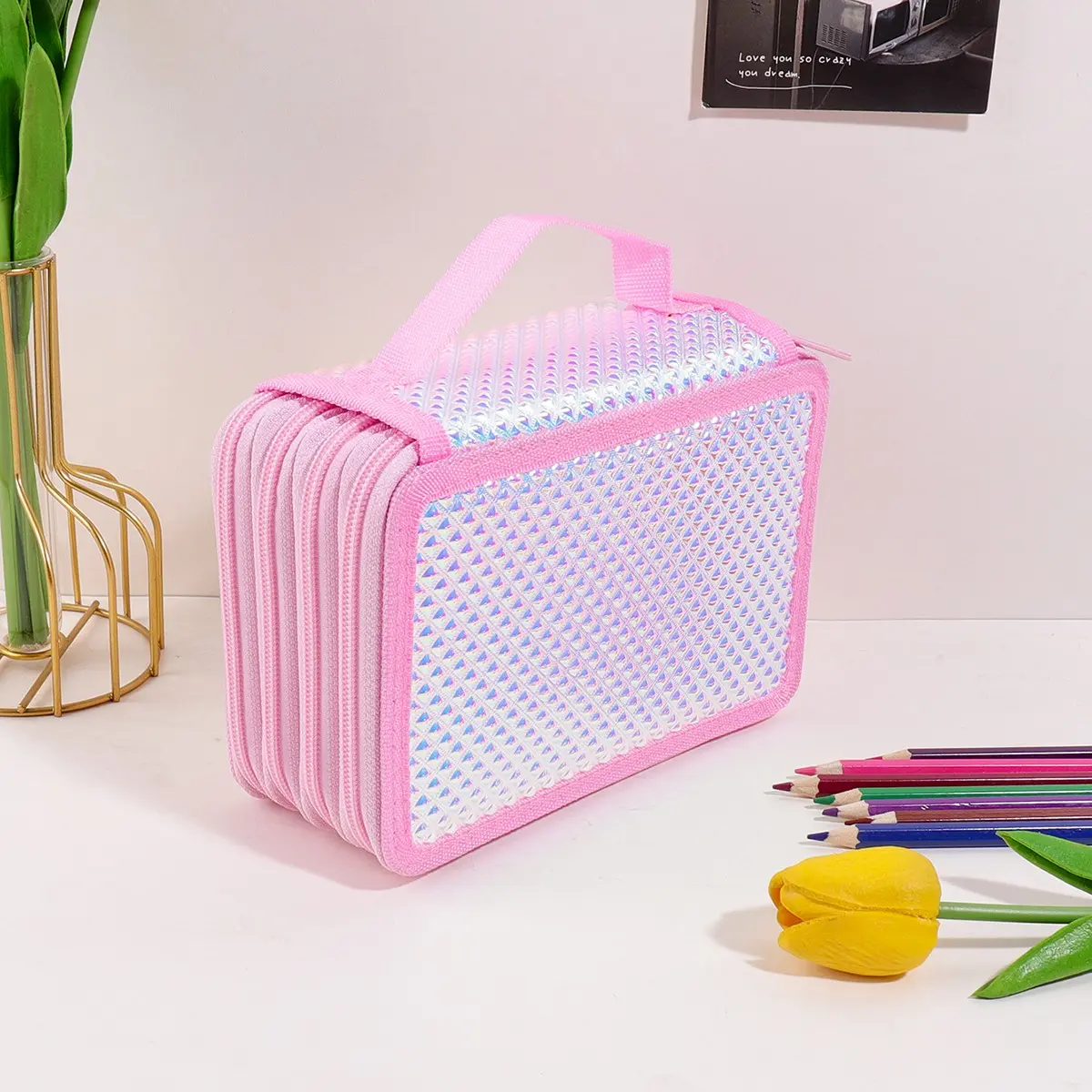 Large Capacity Pencil Case, Pink Holographic Pattern 4-Layer 72-Slot Zipper Pencil Organizer with Portable Handle, Colored Pencil Storage Case for Students, Artists, Office Supplies, Travel, Back to School
