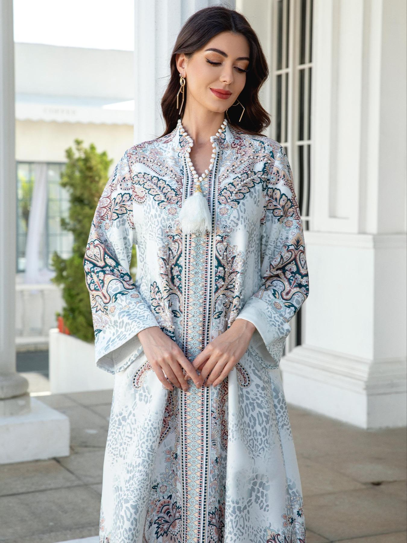 Women's V Neck Long Dress, All-Season Loose Fit A-Line Jalabiya, Long Sleeve, Soft 75D Stretch Fabric, Elegant Arabic Clothing