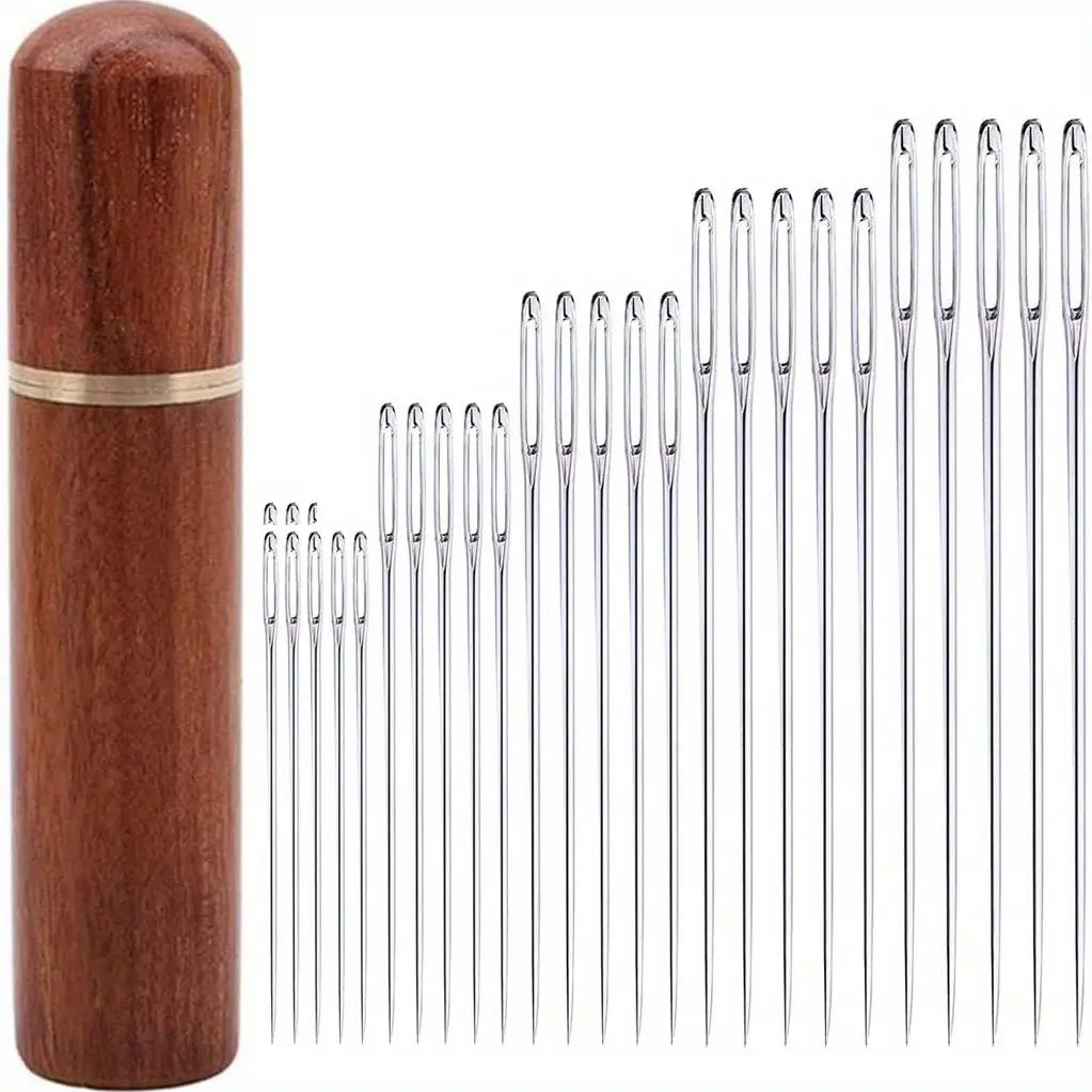 25 Large Eye Hand Sewing Needles, Cross Stitch Needles, Leather Needles with Wooden Needle Box, Hand Embroidery Needle Storage, Sewing Supplies, Needles For Hand Sewing