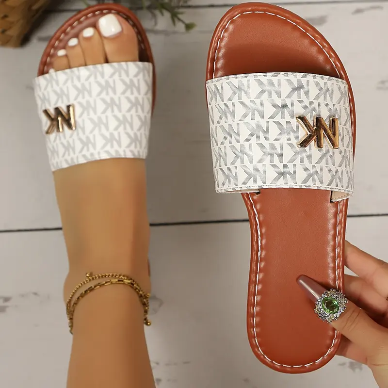 2026 Women's Breathable Letter Flat Mules, Summer Open-Toe Slip-On Slippers, Lightweight Non-Slip Beach & Casual Slides