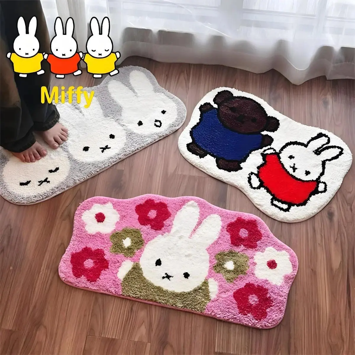 Kawaii Miffy Rabbit & Boris Bear Multi-Use Floor Mat - Animals Themed, Durable Decorative, Thick Anti-Slip Absorbent, Machine Washable Home Supply, Party Gift-Ready Seat Cushion