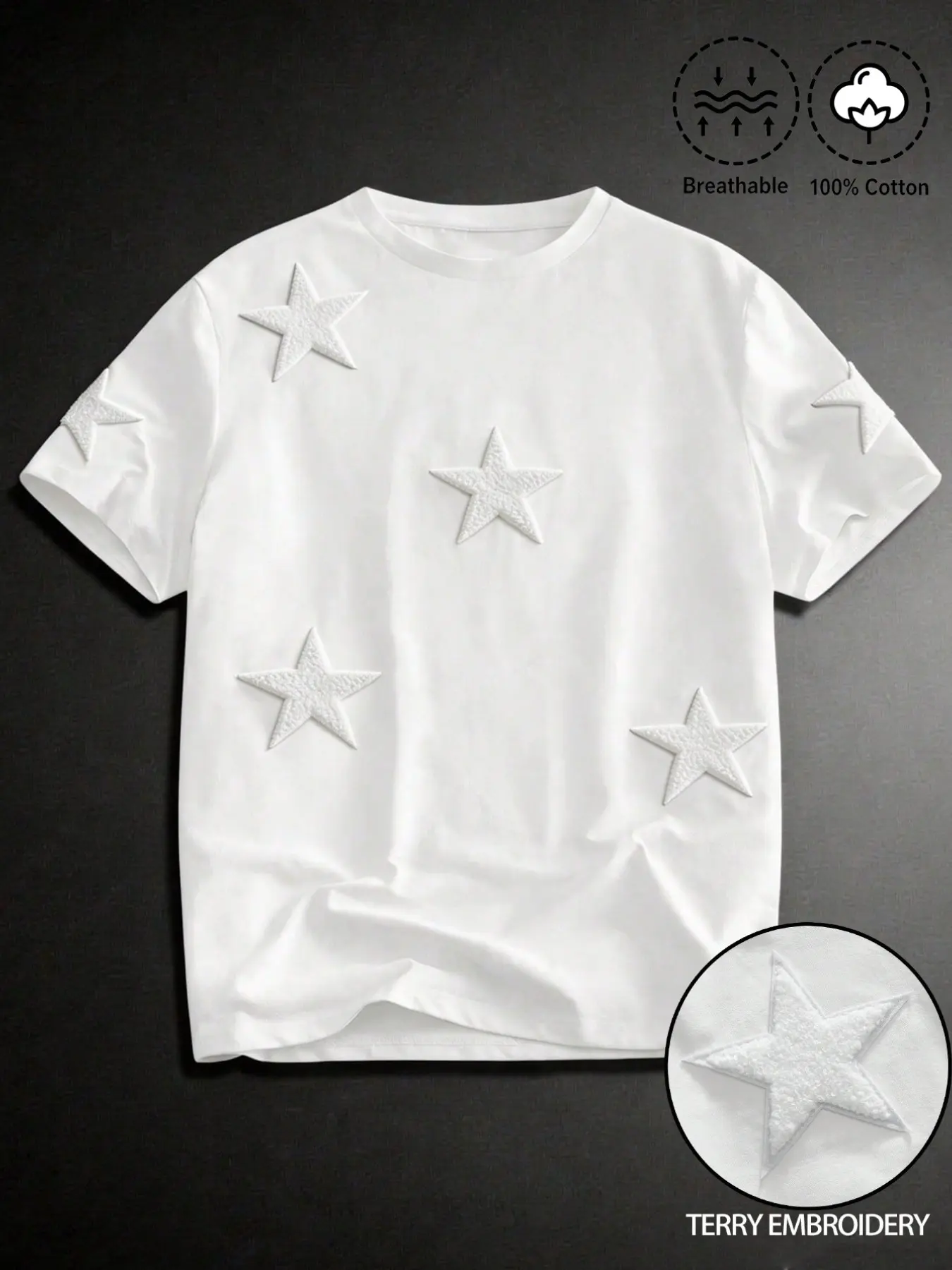 Men's 100% Cotton Embroidered Star Print T-Shirt, Loose-Fit Casual Short Sleeve, Round Neck, Breathable Street Style, Z-Generation Fashion, Streetwear, Menswear
