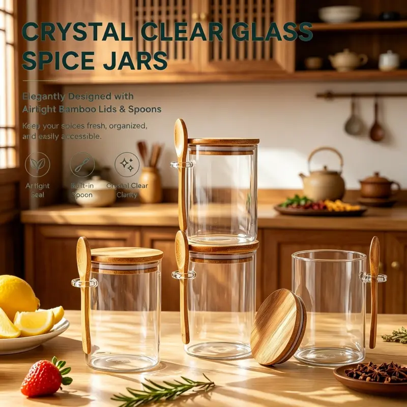 Elegant 4-Piece Glass Canister Set with Airtight Bamboo Seal Lids & Attached Spoons, See-Through Design, Ideal for Cafe Spice Display, Home Baking & Household Dry Goods Storage