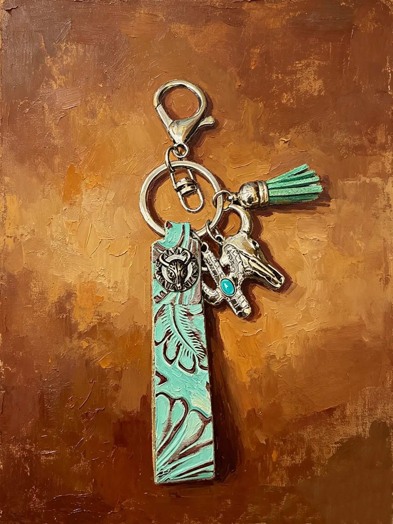 Vintage Western Embossed Leather Collectible Keychain, Turquoise Tooled Cowhide Strap with Bull Skull & Cactus Charms, Bohemian Cowboy Bag Accessory, Ideal Birthday & Holiday Gift for Cowboy Enthusiasts