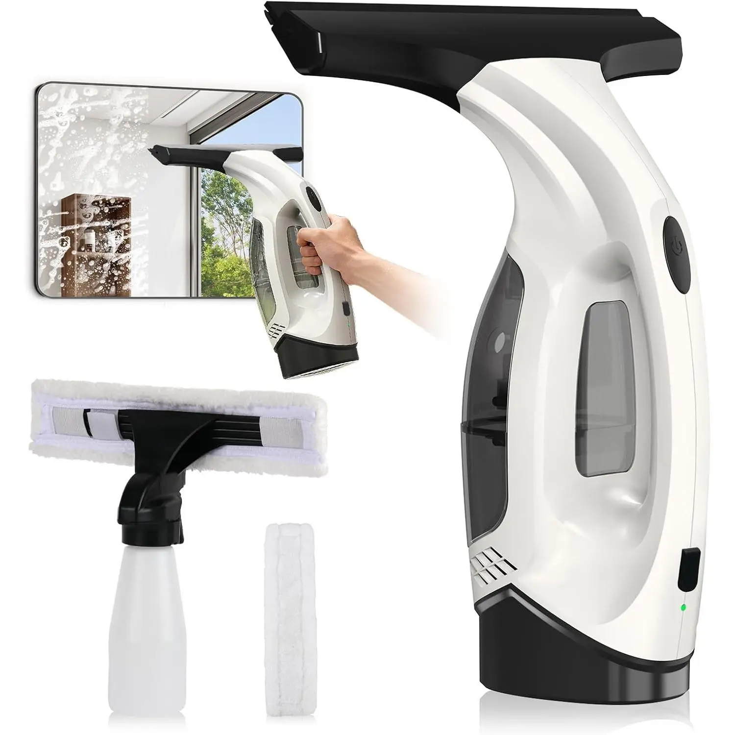 Window Vacuum Squeegee Cordless, 2000Pa Electric Window Cleaner Tool with 2200mAh & 150ml Water Collection Tank, Cleaning Kit Shower Squeegee for Glass Doors, Tiles, Mirrors, Car (White)