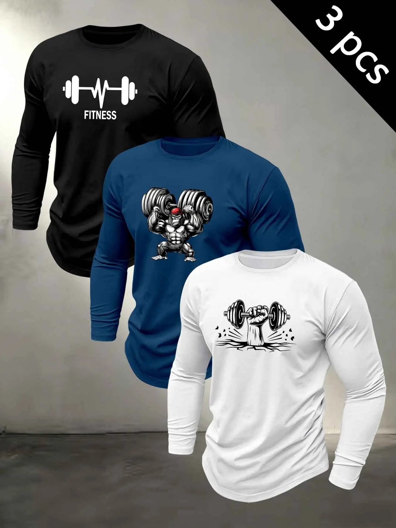 Men's Curved Hem Crew Neck Long Sleeve Top, Dumbbell ECG Fitness Gorilla Graphic Print Slim Stretch Breathable Gym Workout Compression Shirt #FitnessLongSleeve #GymTop #WorkoutShirt #GorillaFitnessPrint #TikTokMadeMeBuyIt