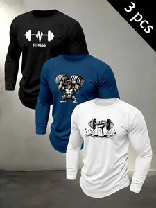 Men's Curved Hem Crew Neck Long Sleeve Top, Dumbbell ECG Fitness Gorilla Graphic Print Slim Stretch Breathable Gym Workout Compression Shirt #FitnessLongSleeve #GymTop #WorkoutShirt #GorillaFitnessPrint #TikTokMadeMeBuyIt
