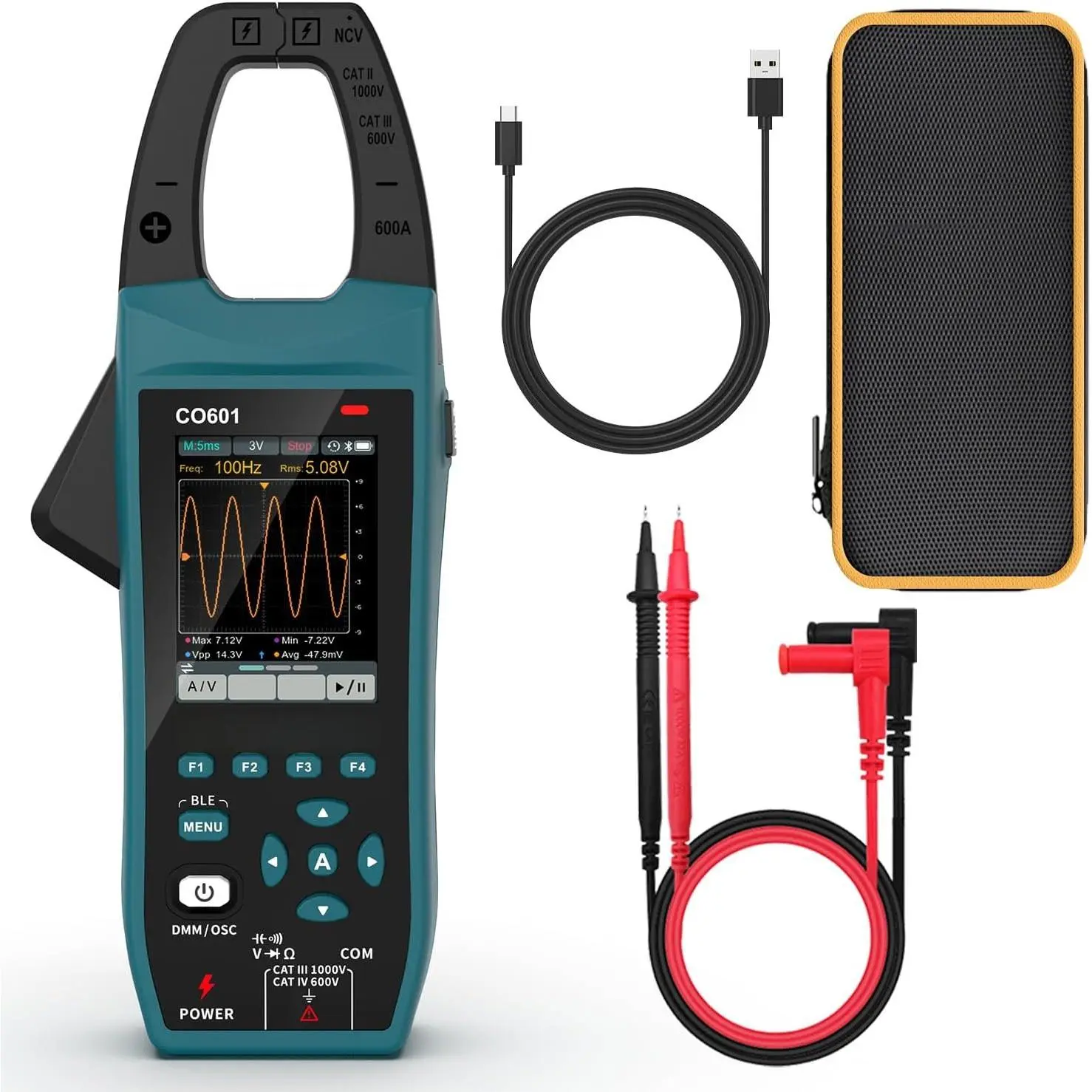 3-in-1  Clamp Meter & Oscilloscope,5MS/s High Sampling Rate,1MHz Bandwidth,600A &1000V  Current &  Detection,Resistance,Capacitance,Continuity Test,NCV,Data Logging-CO601