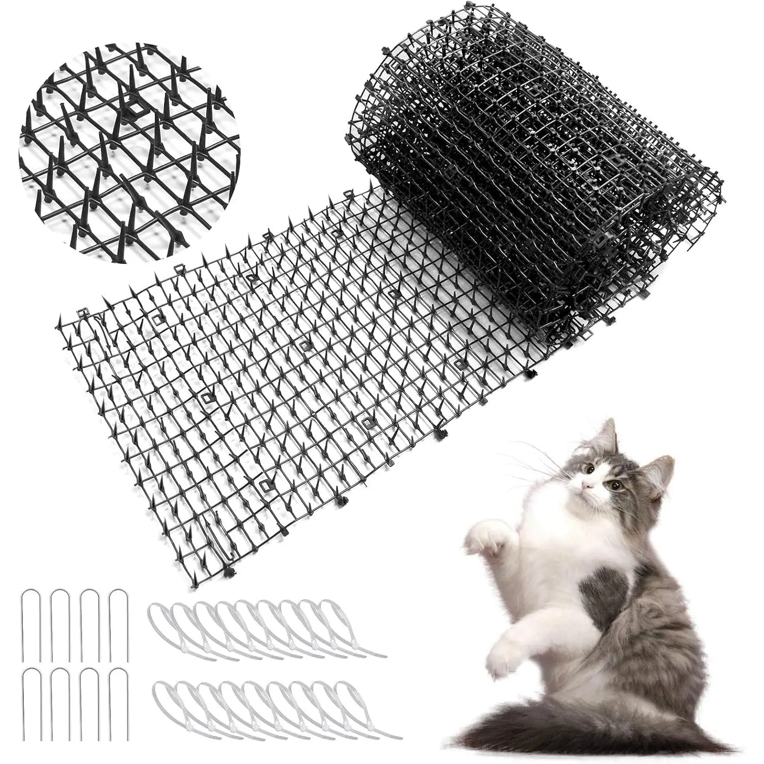 6.5FT Cat Repellent Mat Outdoor, Durable Plastic Cat Scat Mat with Spikes, Prickle Strip Deterrent for Gardens, Lawns, Yards