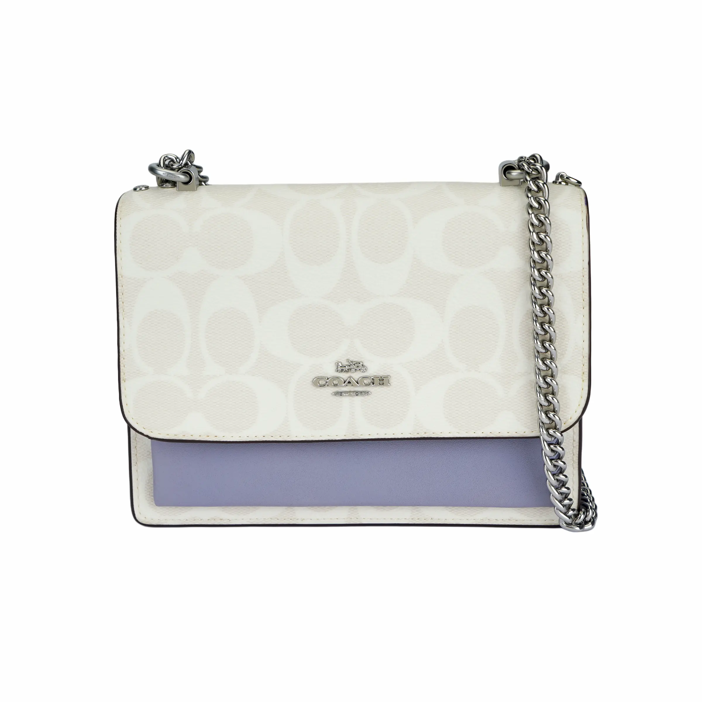 COACH Klare 18 Classic Monogram Flap Crossbody Bag for Women, Canvas and Leather, White and Lavender