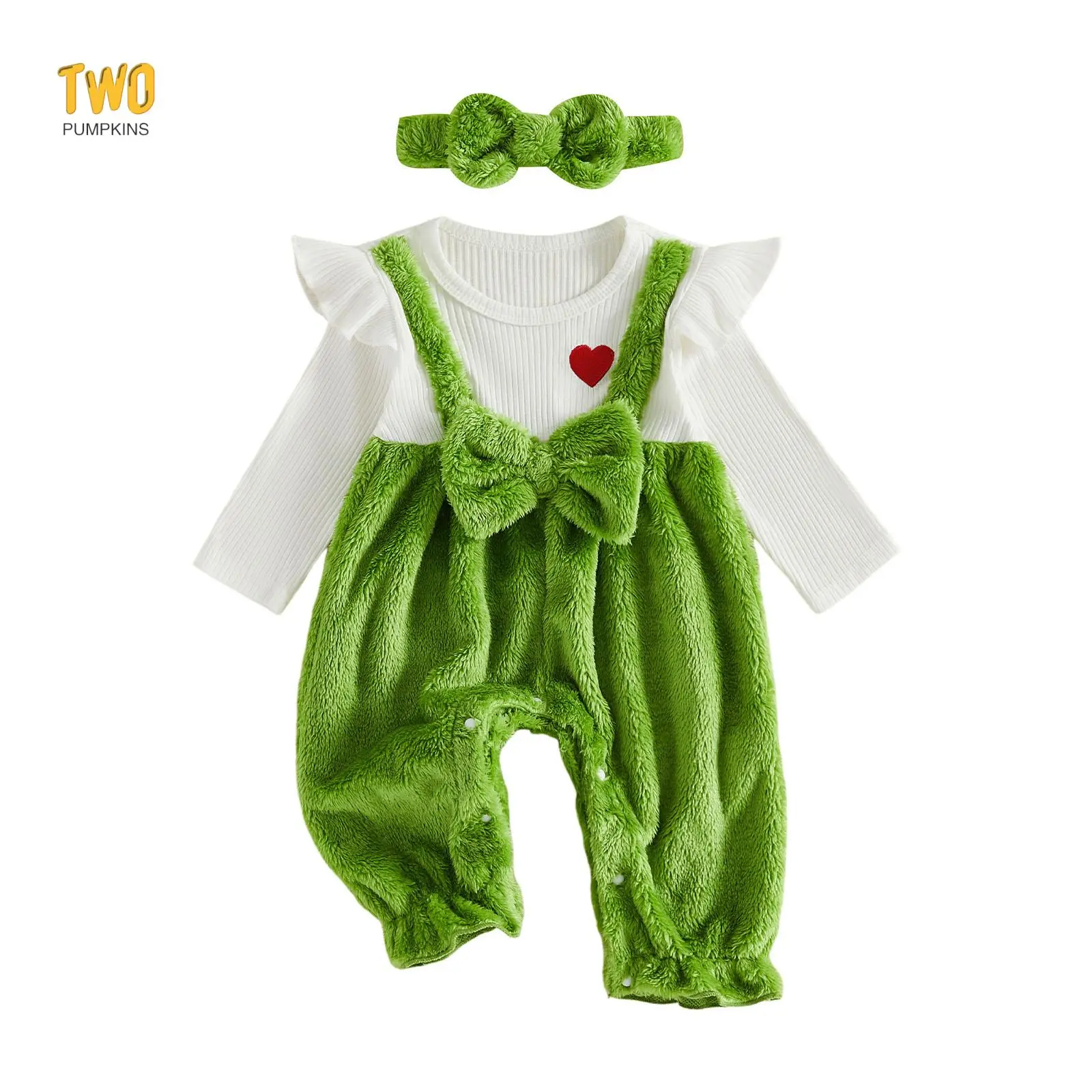 Girl Christmas Plush Patchwork Jumpsuit Long Sleeve Romper With Headband
