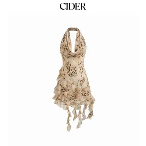 Cider Halter Neckline Leopard Layered Asymmetrical Ruffle Hem Mini Dress Dealsforyou
