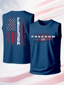 Men's Crew Neck Sleeveless Muscle Tank Top, Front & Back Double Print with American Flag, Liberty Letter & Number Graphic, Breathable Athletic Patriotic Sleeveless Tee, Ideal for Gym Training, Outdoor, Streetwear & Daily Casual Outfits