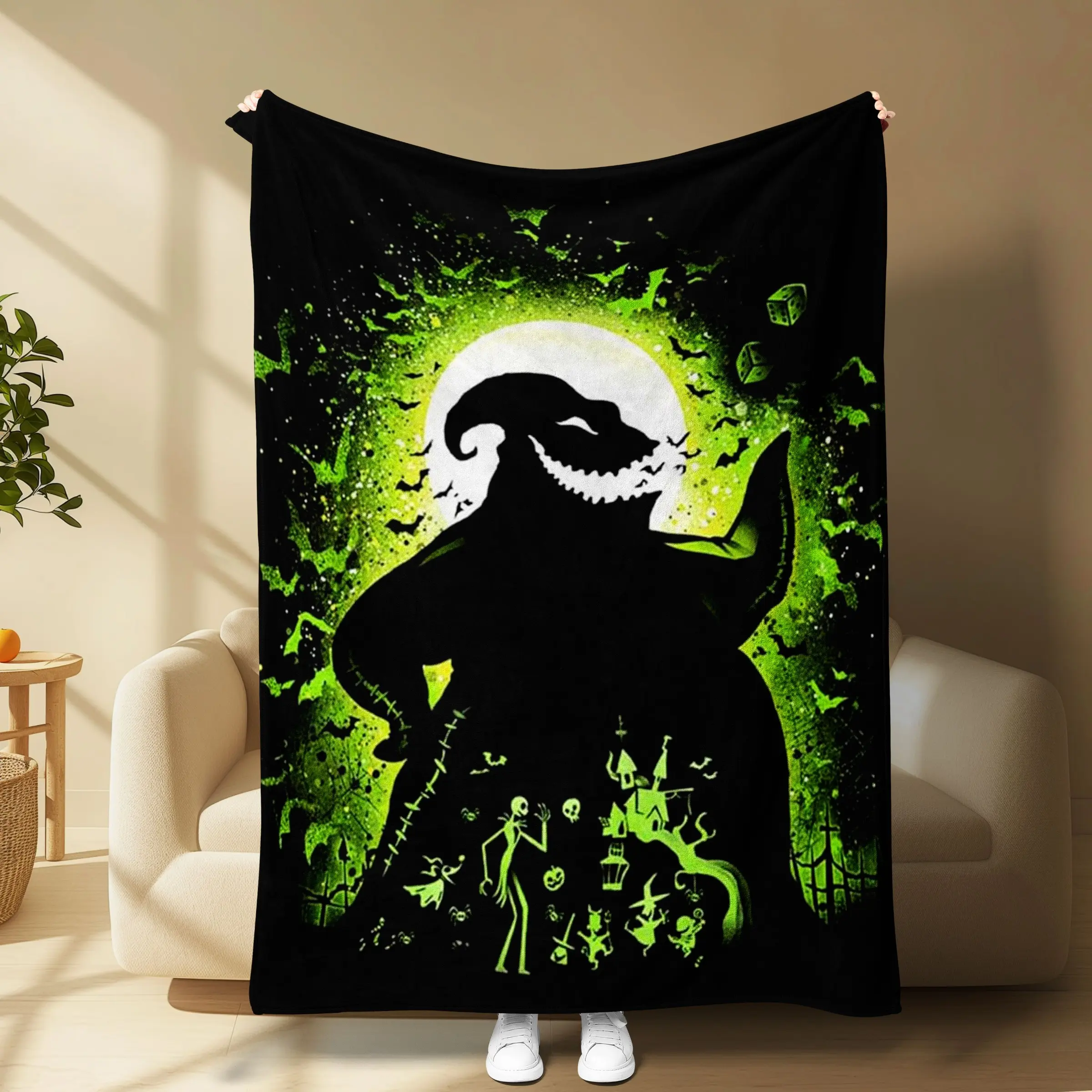 Oogie Boogie Green Glow Moon Silhouette Flannel Blanket, The Nightmare Before Christmas Halloween Character Throw Blanket, Spooky Gothic Bedroom Warm Decor Blanket