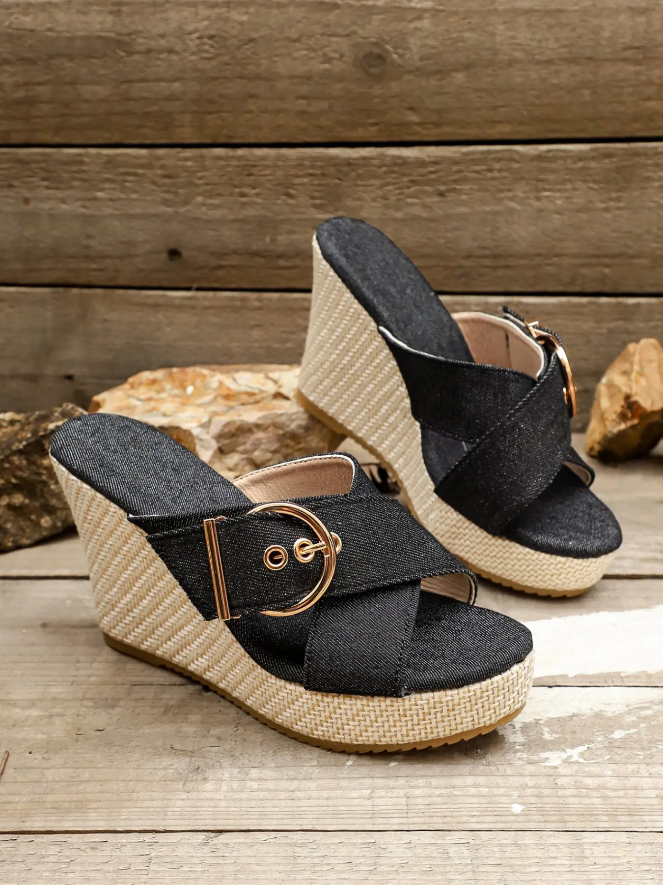 Women Crisscross Strap Adjustable Metal Buckle Open Toe Slip On Platform Wedge Slide Sandals, Non-Slip Cushioned Espadrille Wedge Mules, Beach Vacation Summer Casual Footwear, 3 Colors Leopard Blue Denim Black Denim