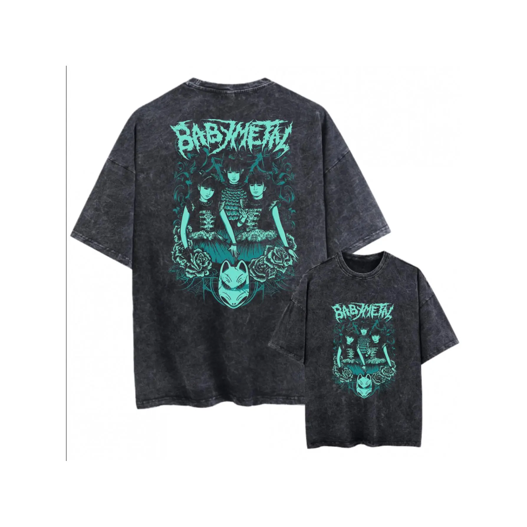 Oversized Babymetal Band Graphic T-Shirt, Unisex Distressed Cotton Short-Sleeve Top with Round Neck for Streetwear Fashion, Shortsleeve, Loose, Menswear, Soft, Print