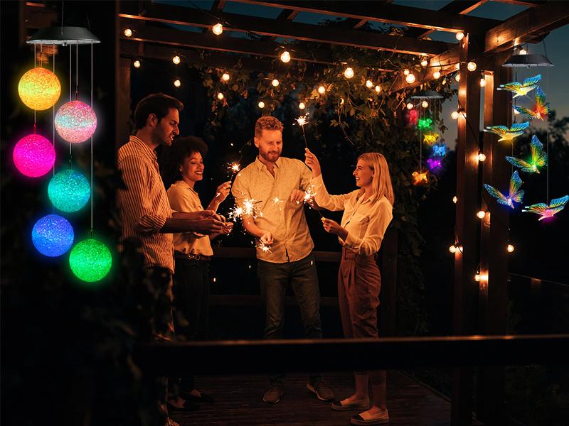 Solar-powered outdoor LED color-changing spherical wind chime light, 6-LED waterproof decorative hanging lamp, a perfect gift for women and children, suitable for porches, patios, windows, and balconies.