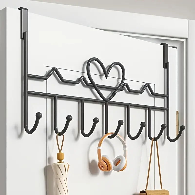 Over The Door Hook Rack with 7 Hooks | Black Metal Heartbeat Design Decor Door Hanger for Bathroom Bedroom Closet Coat Towel Bag Storage