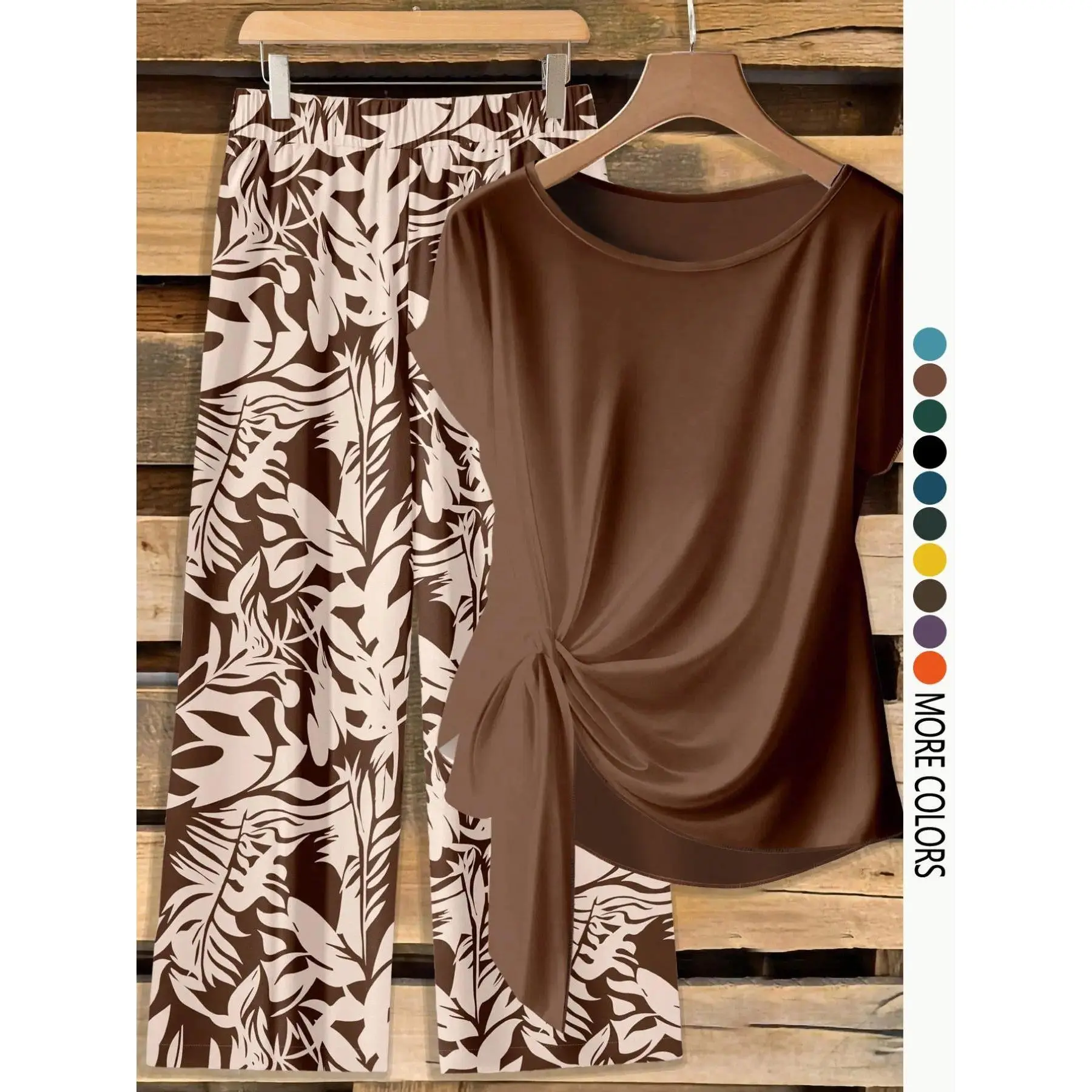 Women's Printed Shirt and Pants 2-Piece Set | Knot Front Top with Loose Straight Leg Trousers, Comfortable Lightweight Summer Outfit