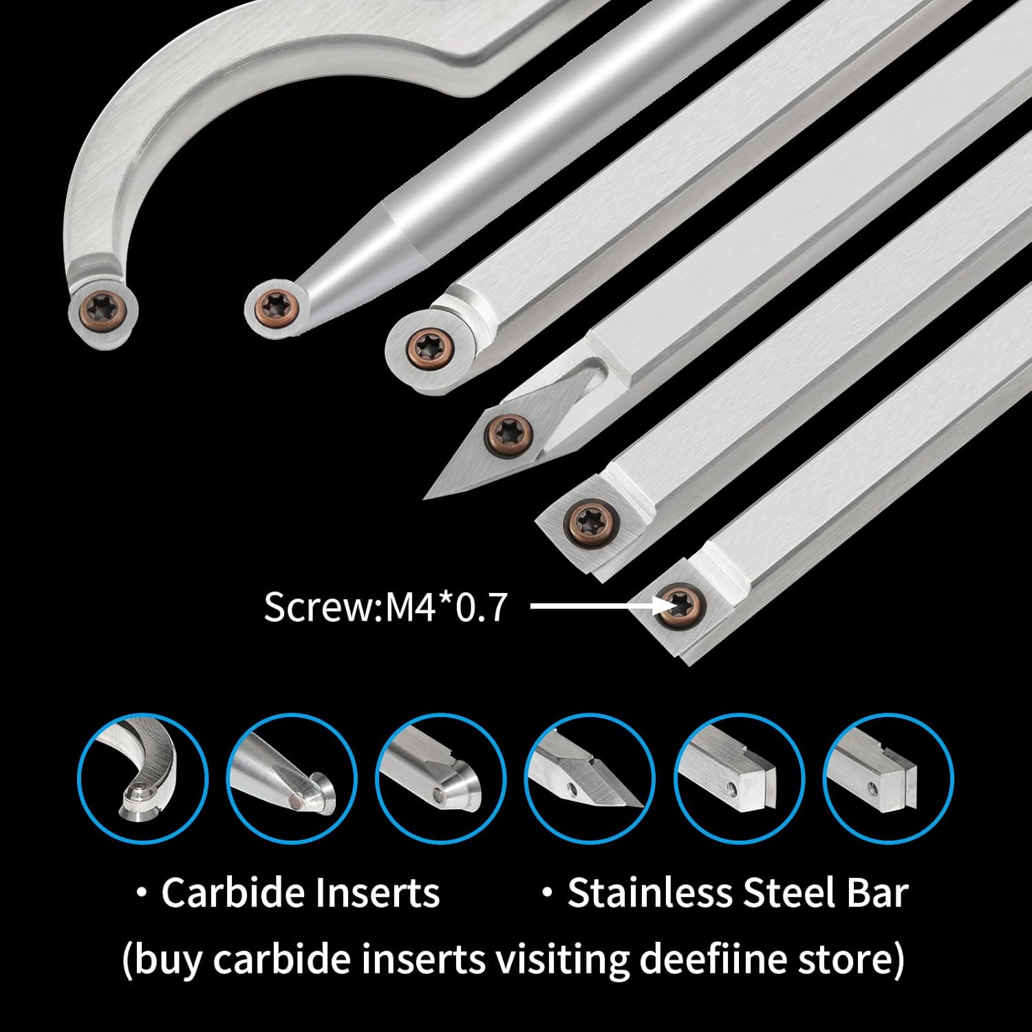 Carbide  Lathe Turning Tools, Quick Replacement Turning Tools Kit, Full Size Rougher And Finisher Swan  Hollowing Tools For Woodturning(7pcs black)