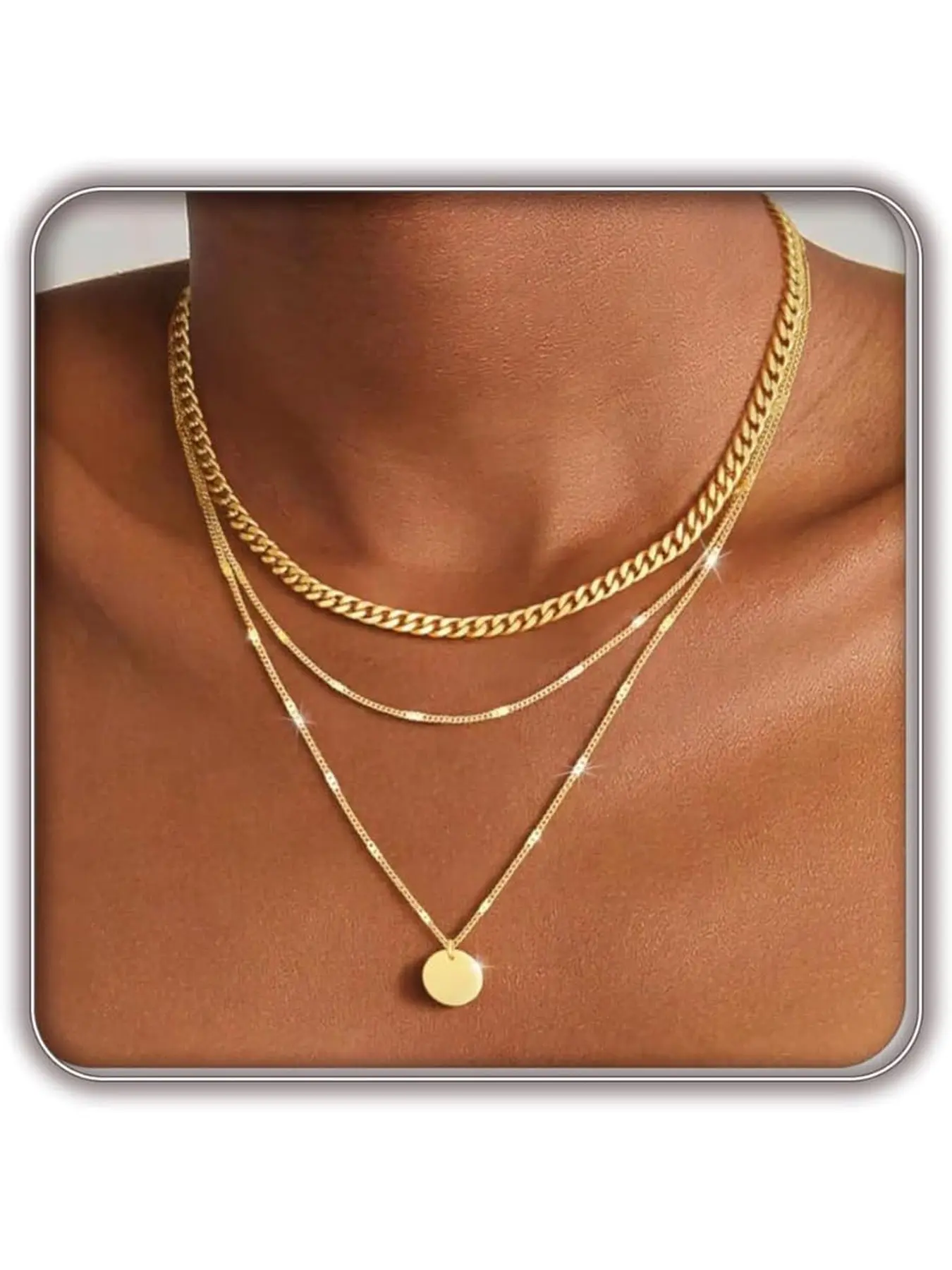 Sets of 3 Layered Golden/Slivery Necklace for Women Trendy,Golden Dainty Stackable Cuban Link Herringbone Paperclip Chain Coin Pendant Necklace Set Fashion Jewelry