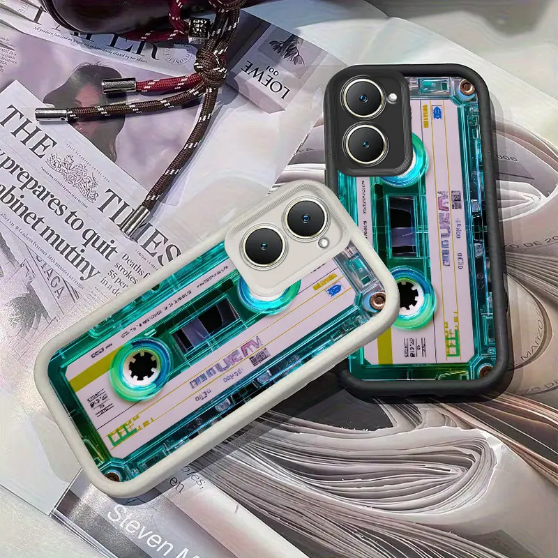 Phone Case - Black and white phone case design featuring a cassette tape audio theme, made of soft TPU material, compatible with Vivo Y02S, Y03, Y18, Y04, Y29S, Y9S, Y19S, Y22, Y28, Y29, Y33E, Y52T, Y55, Y35, Y38, Y100(IDN), Y200E, Y300, and other models.