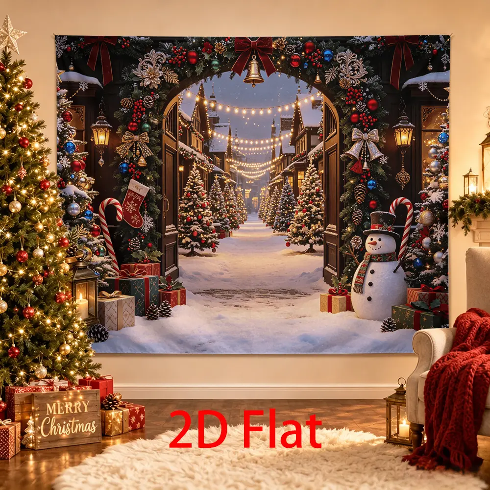 Elegant Christmas Street Backdrop with Snowman, Pine Garland, Velvet Bows, Lanterns, Gifts and Snowy Holiday Photo Background