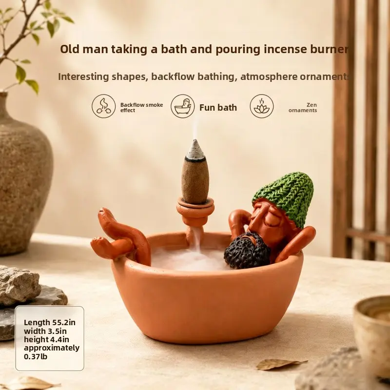 Backflow Incense Burner - Meditating Old Man Soaking in Bathtub Decor,Tabletop Ugly-Cute Incense Stand,Mini decorative ornaments suitable for living rooms, studies and tea rooms
