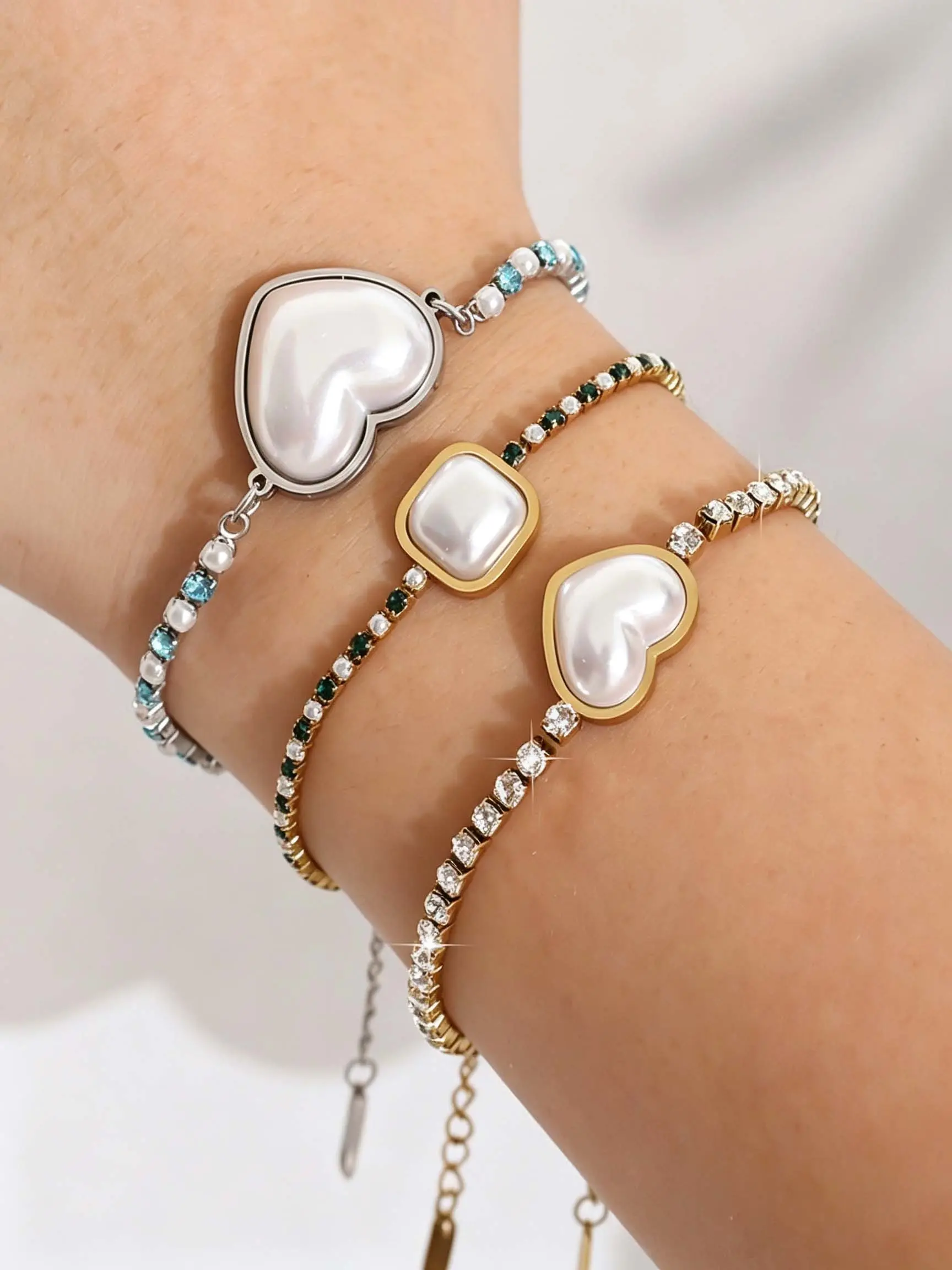 3pcs Thin Full Rhinestone Faux Pearl Charm Bracelets Gift Box Heart Square Minimal Soft Jewelry For Women Best Friend Daily Travel Wear Lobster Clasp Extender Fit All Wrist Dainty Galentine Day Box Ornaments