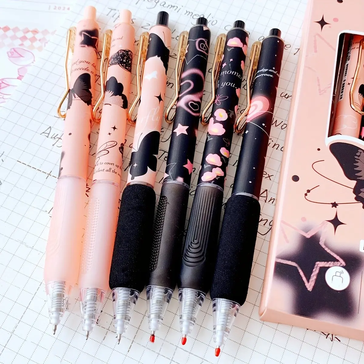 6-Pack Frost Butterfly Neutral Pens, High Aesthetic 0.5mm Push-Button Ballpoint Pens, Perfect New Year Gift