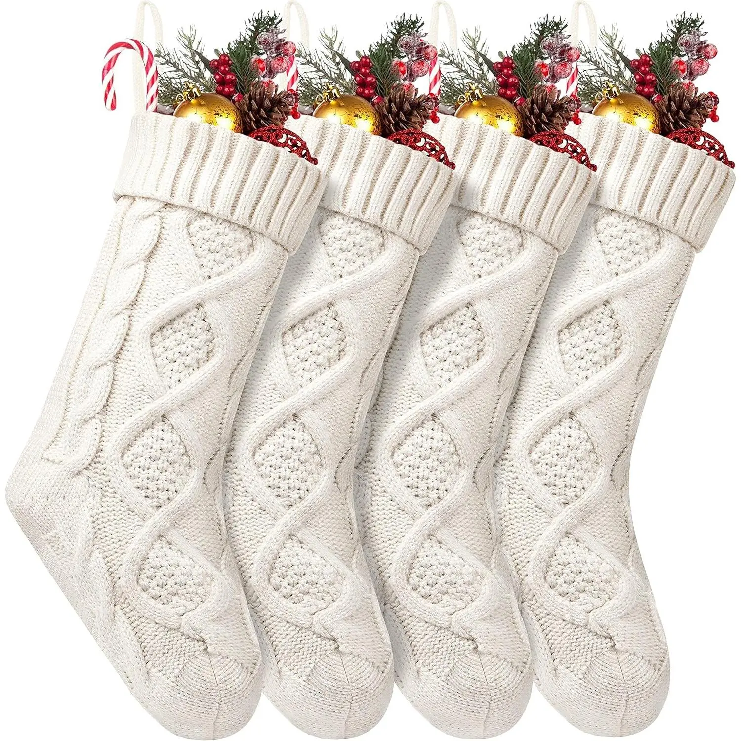 4 Pack Christmas Stockings 18 Inches Large Size Cable Knitted Stocking Gifts & Decorations for Family Holiday Xmas Party, Ivory White