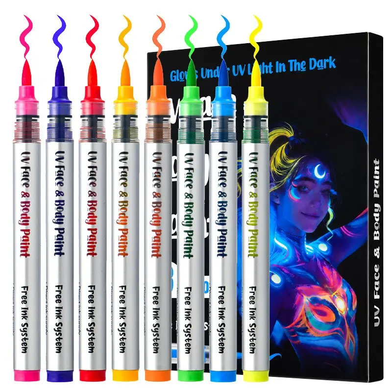 8-Pack UV Neon Face & Body Paint Pens, Blacklight Reactive Direct-Apply Makeup Markers, Ideal for Football Cheerleading Parties, Halloween and Body Art Painting