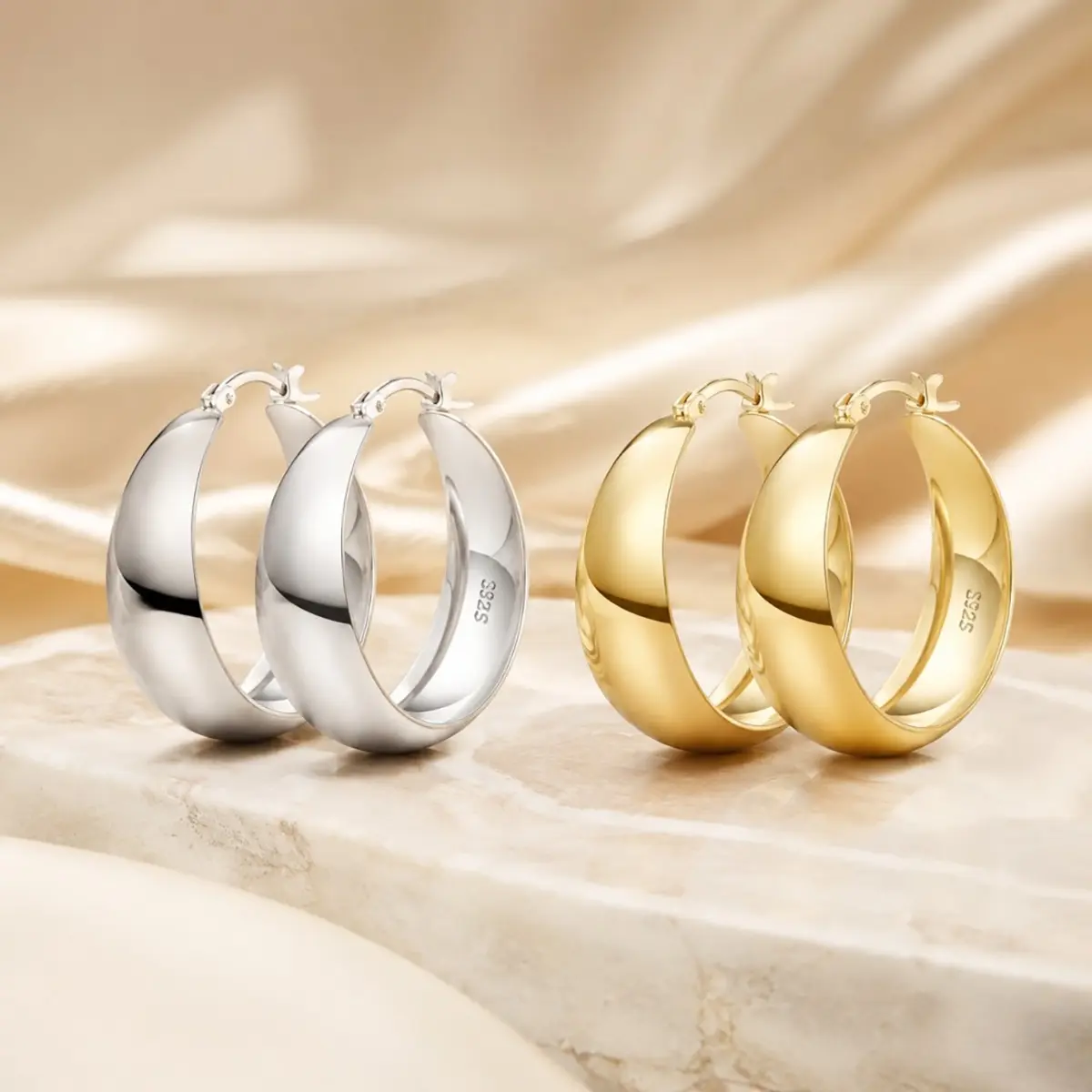 Chunky Matte Half Round Hoop Earrings, S925 Sterling Silver 12mm Wide Hinged Huggie Hoops for Women, Gold Plated White Gold Plated Snap Back Large Earrings, 25/30/40/50mm Sizes, Trendy Fashion Jewelry Gift for Everyday & Special Occasions