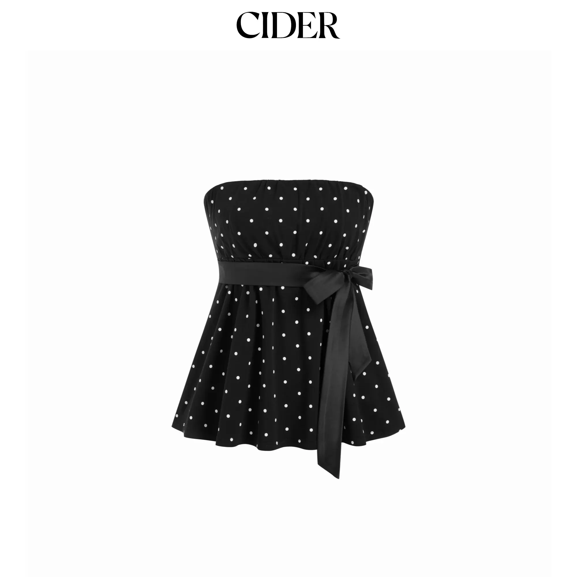 Cider Cotton-blend Polka Dot Satin Bow Belt Bandeau Top