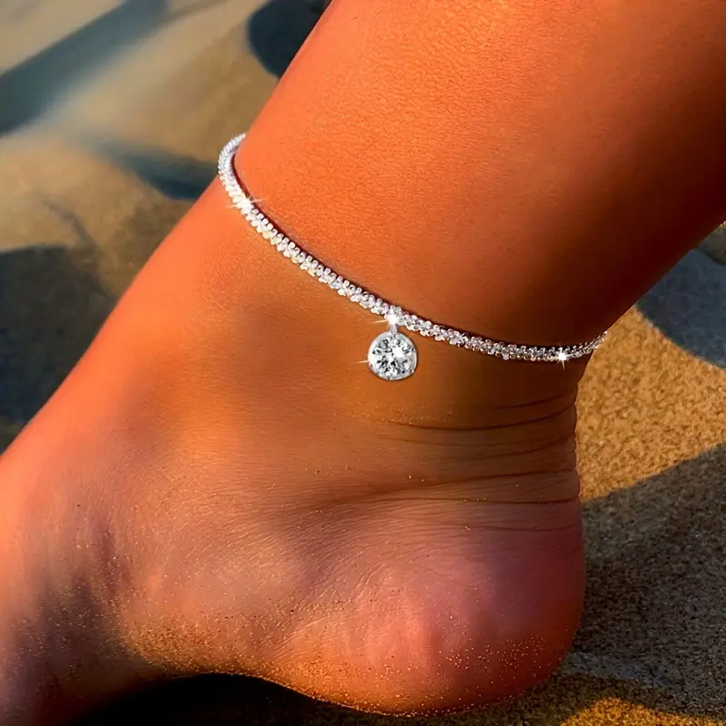 Trendy 925 Sterling Silvery Chain Anklet, Elegant Bling Design & Lightweight Texture, Delicate Foot Accessory Perfect for Parties and Social Gatherings