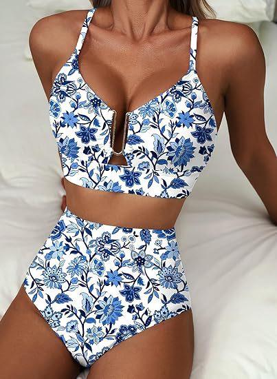 2026 New Women's Green Checkered Print Fashion Sexy High Waist Belly Cinched Bikini Beachwear