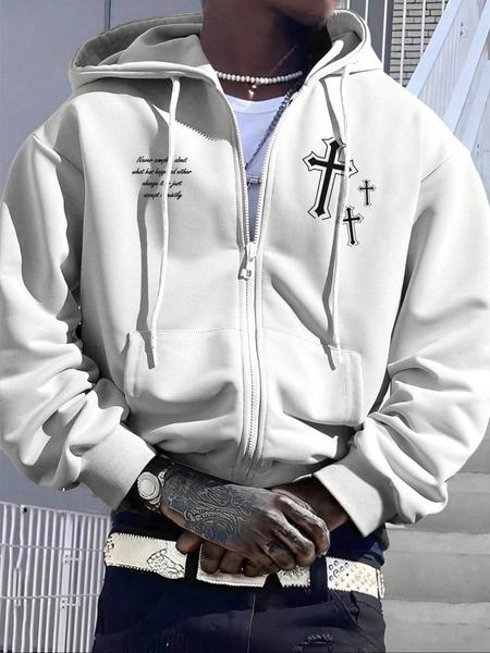 Men's Fleece Lined Zipper Hoodie Jacket, Winter Warm Sports Sweatshirt, Letter & Cross Print Long Sleeve Hooded Top for Outdoor Wear