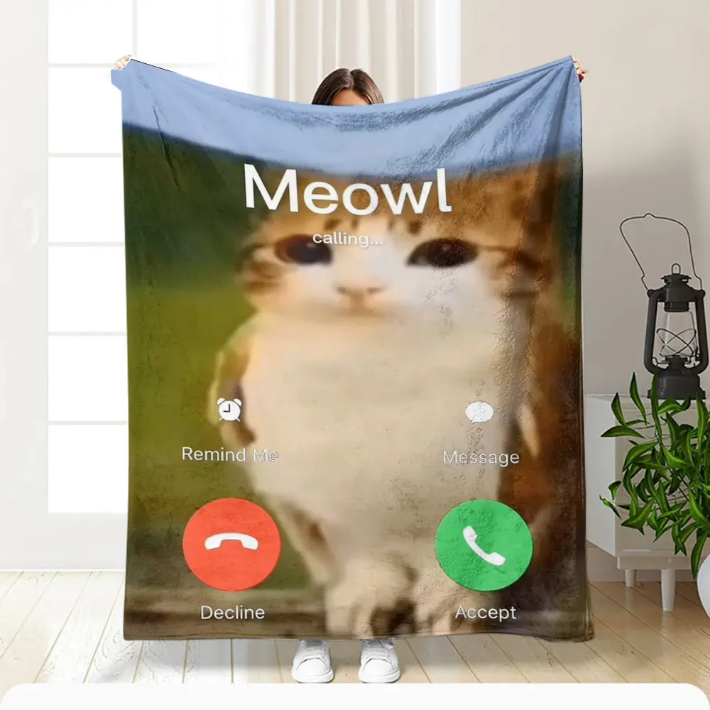 1pc Meowl Cat Call Meme Blanket - Quilted Flannel Bedspread Suitable for Naps, Camping & Travel, Soft Warm Anti-Pilling Bed Throw with Quilted Edges, Machine Washable Couch Sofa Blanket for &, All-Season Gift for Holidays