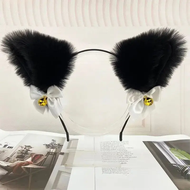 Women's Fluffy Faux Fur Cat Ear Headband - Plush Fabric Accessory with Bow, Bell Details - Kawaii Cosplay, Halloween, Party Use