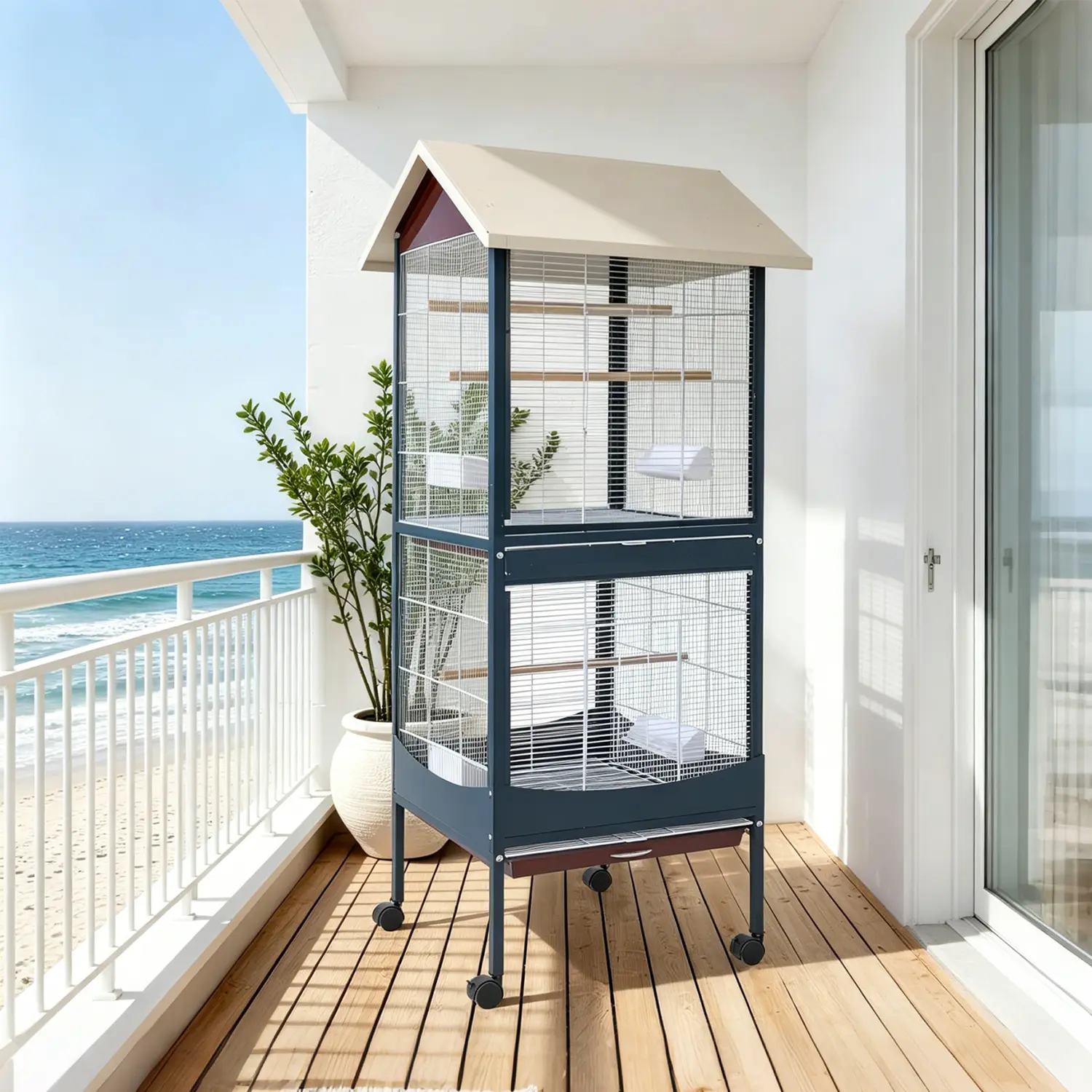 66'' Extra Large Bird Cage with Rolling Stand, Removable Tray, Convertible Divider & Roof Cover for Indoor/Outdoor
