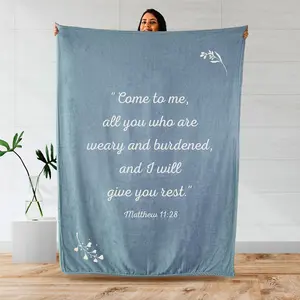 Scripture Blanket Soft Prayer Blankets with God's Promise from Matthew 11:28 - Bluish Gray 50"x65" - Lightweight Flannel Fleece  Verse