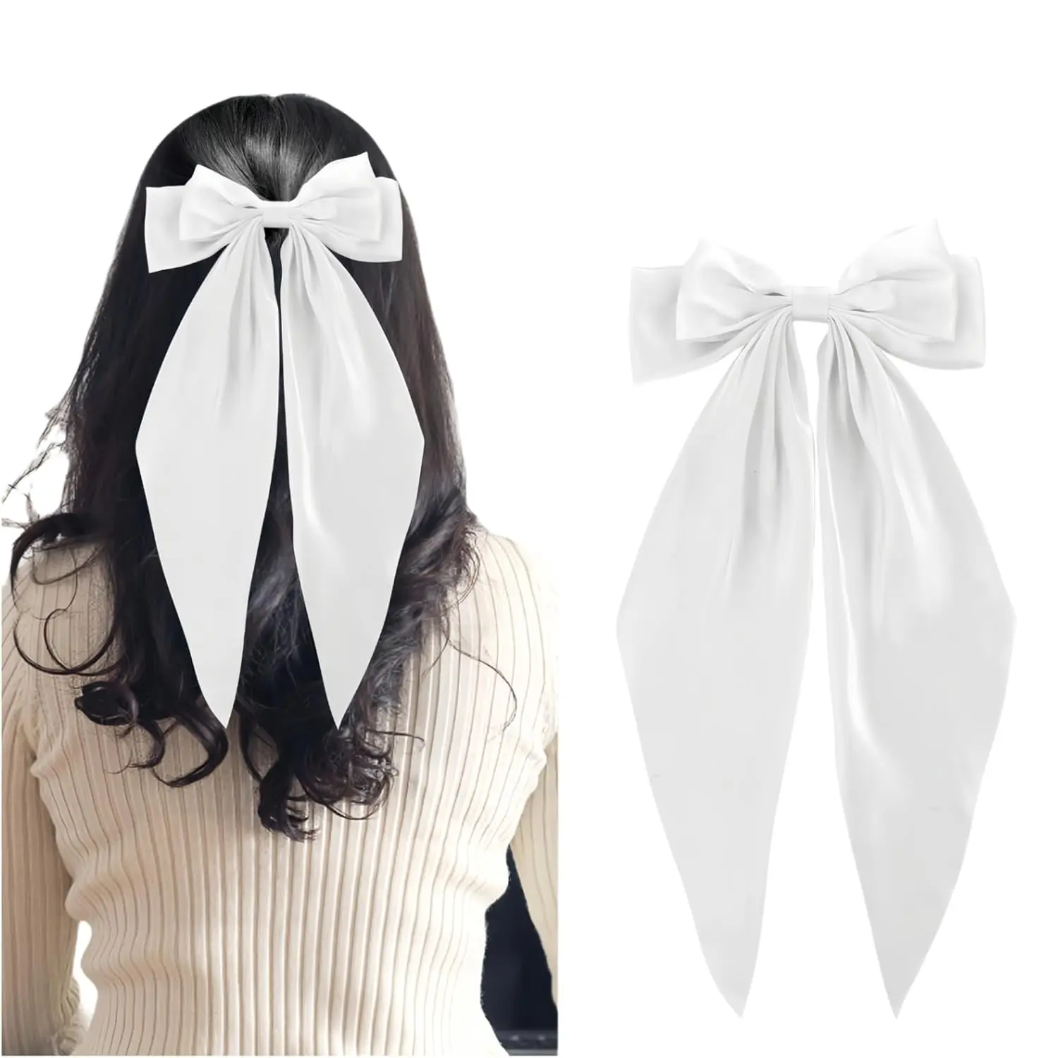 Hair Bows for Women, Big Bow Hair Clips for Girls, Silky Satin Hair Bows Clips  Long Tail, Large Hair Barrettes for Women,Big Hair Bow,Metal Clips Hair Bow for Women Girls (White)