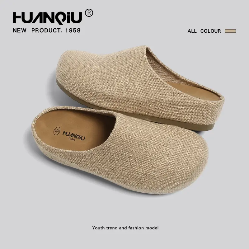 Unisex linen closed-toe slippers, retro Birkenstock mules, Korean style relaxed linen closed-toe slippers, soft-soled, breathable, casual outdoor shoes.